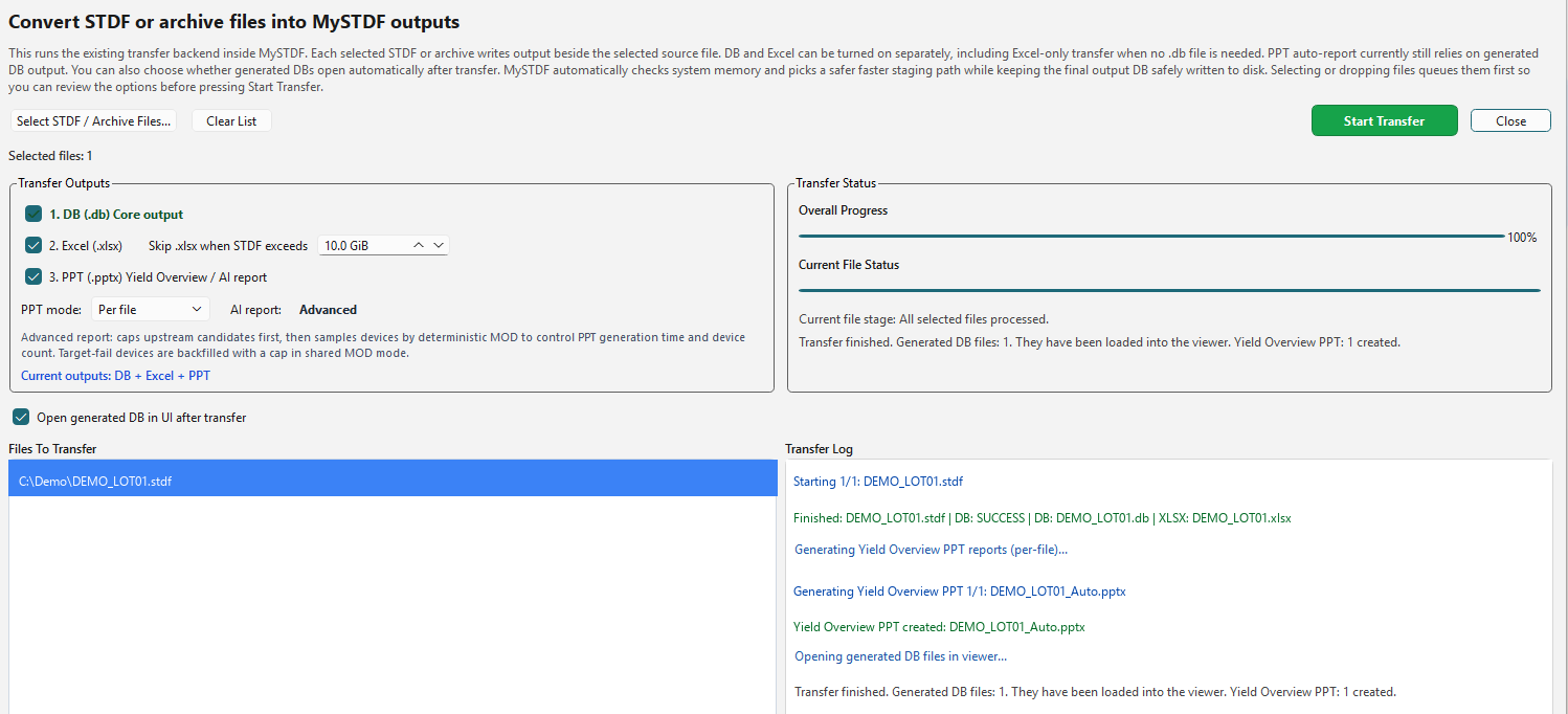 MySTDF Transfer Tool showing demo STDF file selection, database output, optional Excel and PPT outputs, progress bars, status, and transfer log